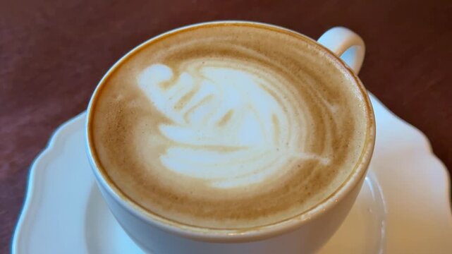 Cappuccino cup on saucer close-up warm cafe mood. Creamy latte foam forms heart pattern in white ceramic cup on wooden table