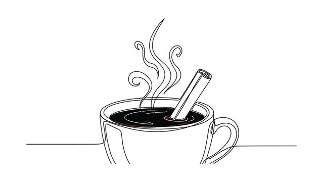Continuous one line drawing of a steaming cup of coffee with a cinnamon stick.
