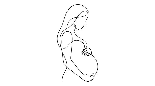 Minimalist one line drawing of pregnant woman profile touching her round belly