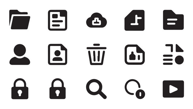 Black icon set with essential web and office tools. modern flat symbols on transparent background.