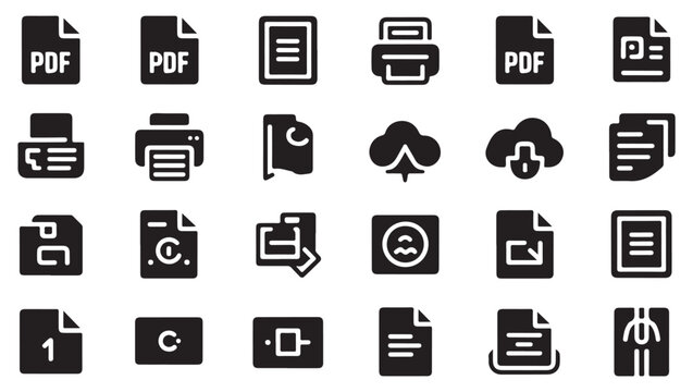 Document and printer icon set. collection of web vector icons. signs and symbols on transparent background.