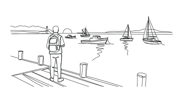 A traveler with a backpack standing on a wooden pier looking at boats in the harbor.