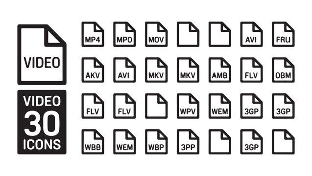 Video format file icons in black on a transparent background.