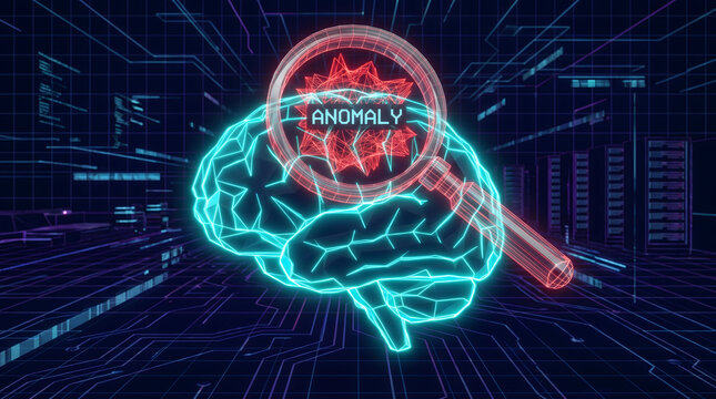 Digital brain scan showing anomaly detection with magnifier glowing neon blue background