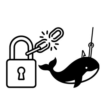 Whaling attack and data breach cyber security icon, minimalist line art of fish hook catching whale with broken chain and padlock for executive social engineering corporate scam concept.