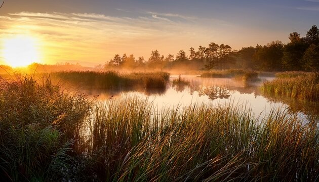 a serene view of a lush fen wetland at dawn with golden light reflecting on calm water tall reeds swaying and a mist over the marsh natural light reflection