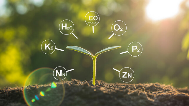 Young Plant Sprout with Icons of Essential Nutrients in Sunlight seedling growth