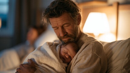 Obraz premium Father cradles sleeping newborn in hospital room at 3am, soft bedside lamp glow on both faces, mother resting in background, oxytocin bonding moment documented in intimate wide establishing view of 