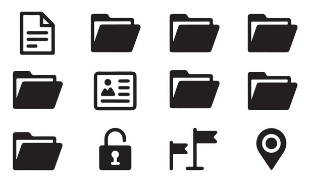 Black flat file folder and document icon set for user interface design and web navigation.