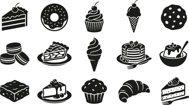 Black and white of assorted desserts, including cakes, cupcakes, and pastries sweets muffins