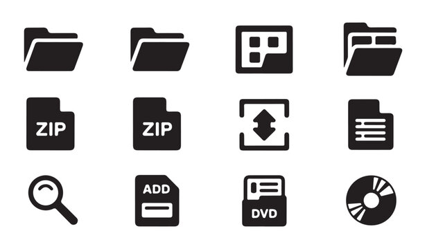 Data compression and hardware storage icons with zip folder dvd and compact disc elements.