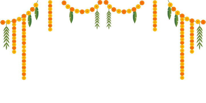 Indian floral garland with hanging decorations made of marigolds and leaves. A traditional floral garland for festive decorations. A decorative element for weddings, cultural celebrations, and banners