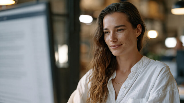 E-commerce operations manager integrates an AI product-description generator into a backend dashboard inside a modest fulfillment office, testing batch-output quality against style guidelines printe