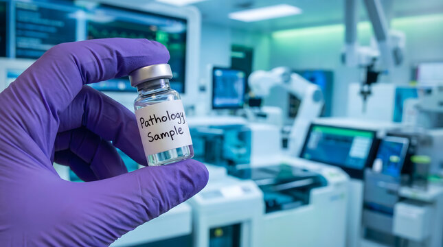 Gloved hand holding pathology sample vial in advanced automated laboratory environment