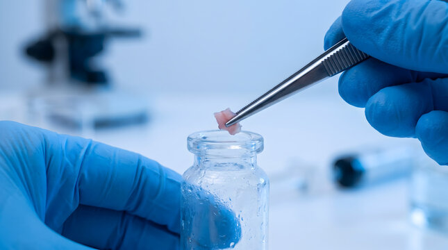 Researcher holding biopsy tissue with forceps over clear glass vial in laboratory setting