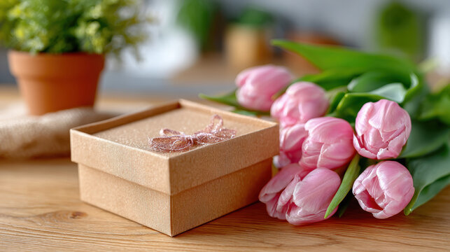 Gift box with pink tulips on wooden table for spring gift flatlay and greeting card background design