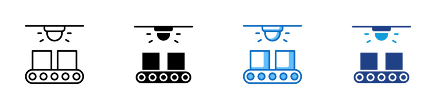 Conveyor Inspection Multiple Style Icon Design Vector - Inspection camera above conveyor representing automated quality control, production monitoring, and package inspection