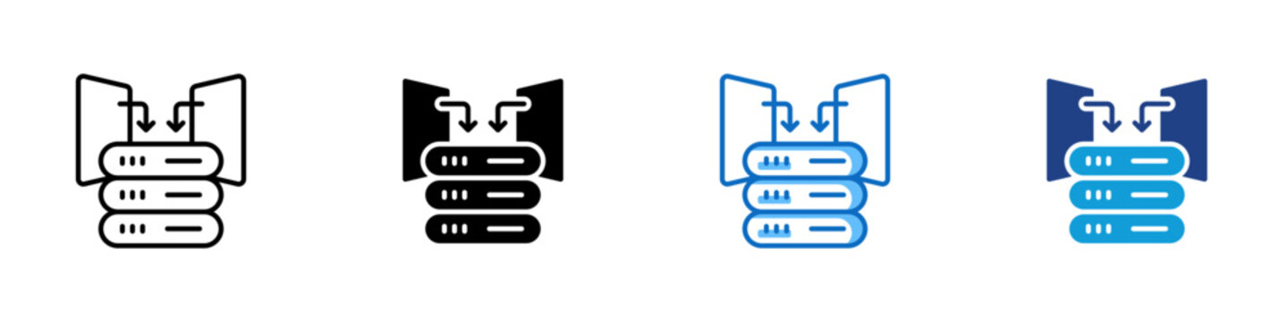 Data Intake Multiple Style Icon Design Vector - Server rack with inbound arrows representing data intake, system integration, and cloud infrastructure management