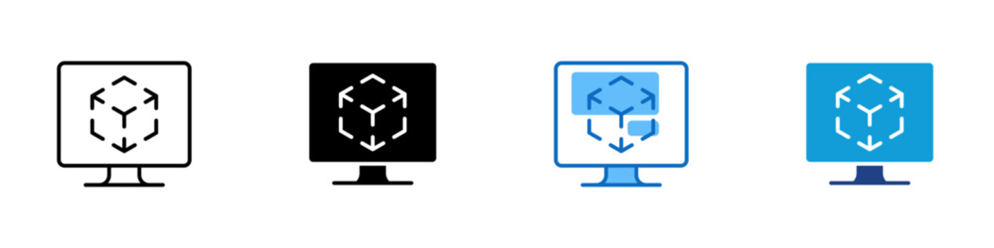 Digital Twin Multiple Style Icon Design Vector - Monitor with cube model representing digital twin visualization, virtual prototyping, and product simulation