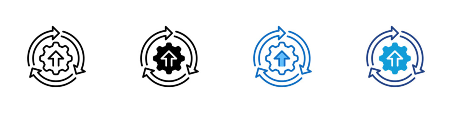 Process Upgrade Multiple Style Icon Design Vector - Gear with upward arrow and circular arrows representing process improvement, operational upgrade, and continuous optimization