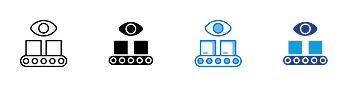 Production Monitoring Multiple Style Icon Design Vector - Eye above conveyor packages representing production monitoring, visual inspection, and warehouse quality control