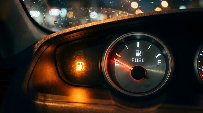Analog car dashboard fuel gauge showing empty tank and glowing low fuel warning light at night