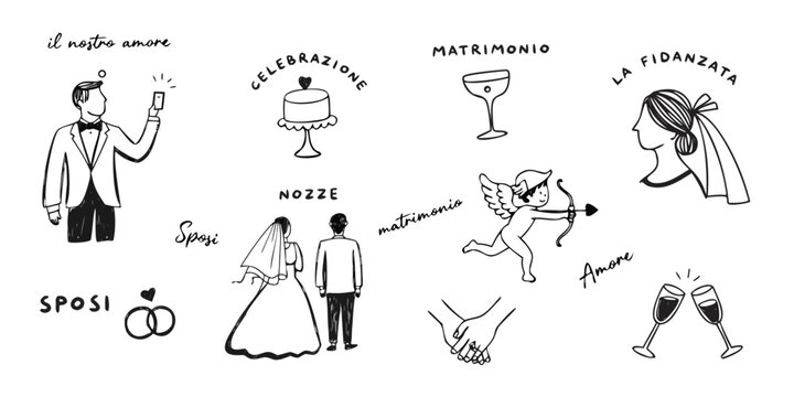Italian wedding illustration set. Hand drawn ink romantic elements of groom, bride, newlyweds, cupid, cake, rings, champagne. Line art drawing in doodle sketch style. Elegant invitations for ceremony.