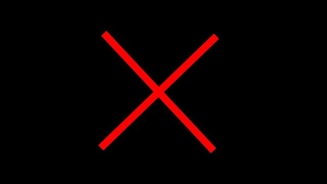 Red X symbol on a black background with no transparency Keywords: X, cross, red, symbol, mark, incorrect