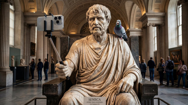 A marble statue of Seneca holding a smartphone on a selfie stick with a pigeon perched on its shoulder inside a museum gallery. Blurred visitors walk in the background.