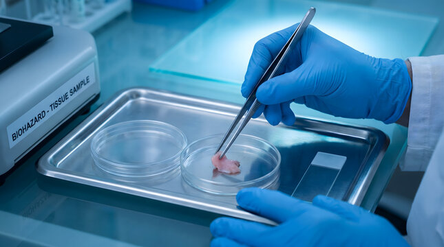 Scientist handling tissue sample with tweezer on tray in biohazard laboratory environment