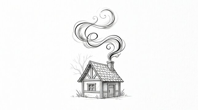 Pencil sketch drawing of small vintage house with chimney emitting swirling smoke rising into sky artistic monochrome illustration of rustic cottage architecture style.