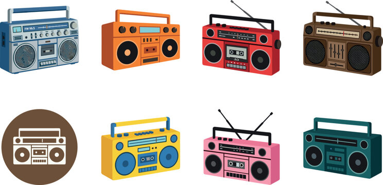 Vintage Boombox and Retro Radio Vector Set Featuring Portable Cassette Players, Stereo Sound Systems, and Classic Music Technology Illustrations