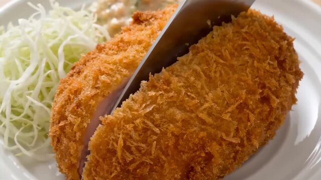 A close-up shot of a crispy golden Japanese pork cutlet being sliced with a knife, served with shredded cabbage on a white plate.