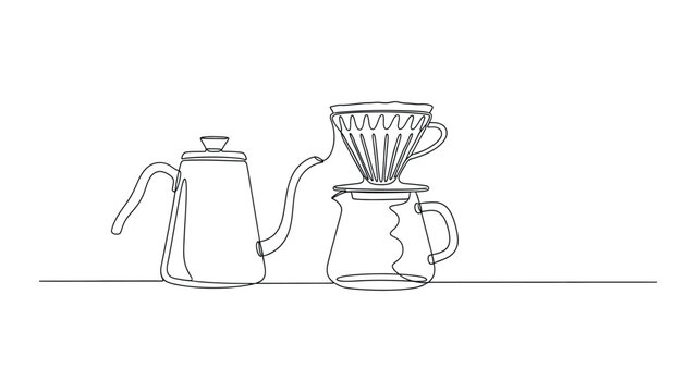 Continuous one line drawing of a pour over coffee maker with a gooseneck kettle.