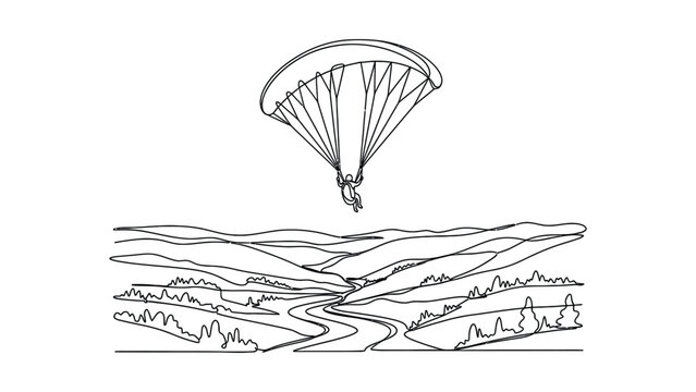 Continuous line art illustration of a person paragliding over a landscape.
