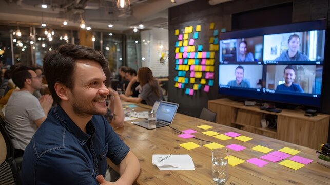 A group of professionals collaborates in a modern bright office environment engaging in a virtual meeting and brainstorming session