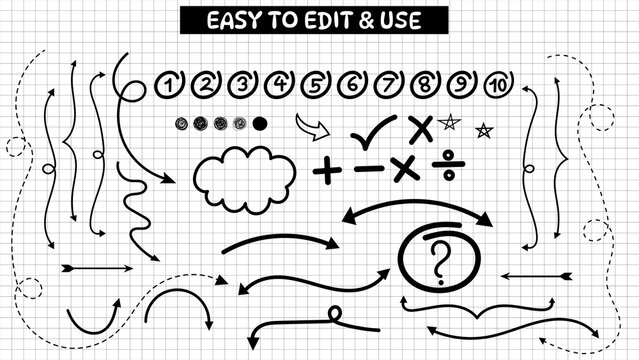 Hand-drawn sketch elements, including arrows, math symbols, a question mark, numbers with question marks, a collection of educational learning thinking questioning mathematics illustrations