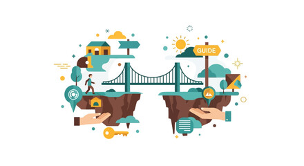 Naklejka premium Conceptual Flat Illustration of a Bridge Connecting Floating Islands Symbolizing Growth, Career Guidance, and Business Strategy Solutions