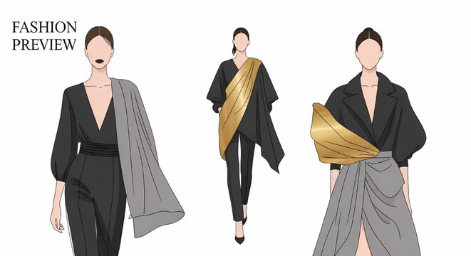 Fashion preview illustration with models in elegant outfits