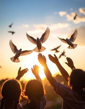 Children's hands reaching for birds in sunset
