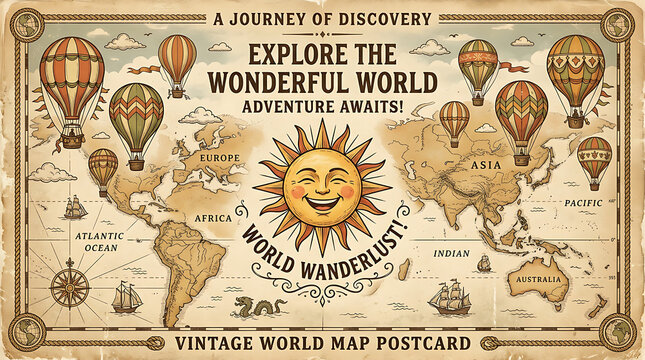 Vintage world map postcard with hot air balloons and sun, old fashioned