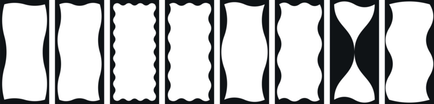 Set of wavy border frames or scalloped edge shapes commonly used in graphic design. Wavy vertical rectangular frames vector illustration.