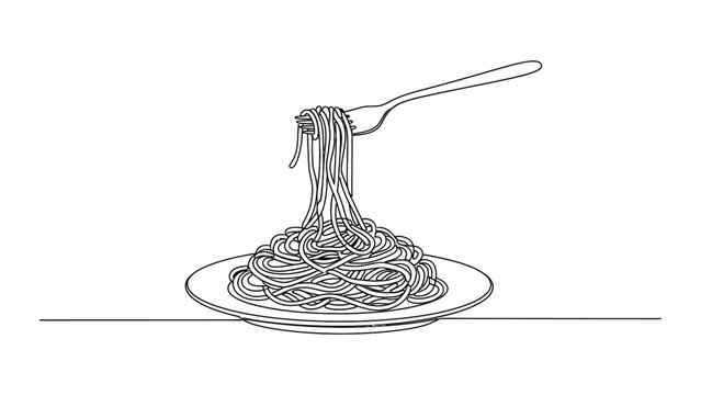 Continuous single line drawing of spaghetti on a plate with a fork.