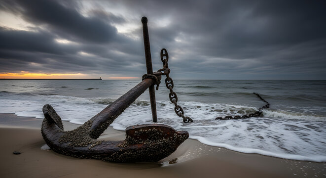 Rusty ship anchor rests on sandy beach with waves gently lapping the shore under a dramatic cloudy sky. This scene evokes themes of maritime history, abandonment, and the passage of time,