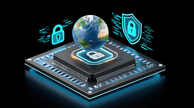 Secure microchip with globe hovering above and glowing padlock symbol conveying global data protection and cybersecurity