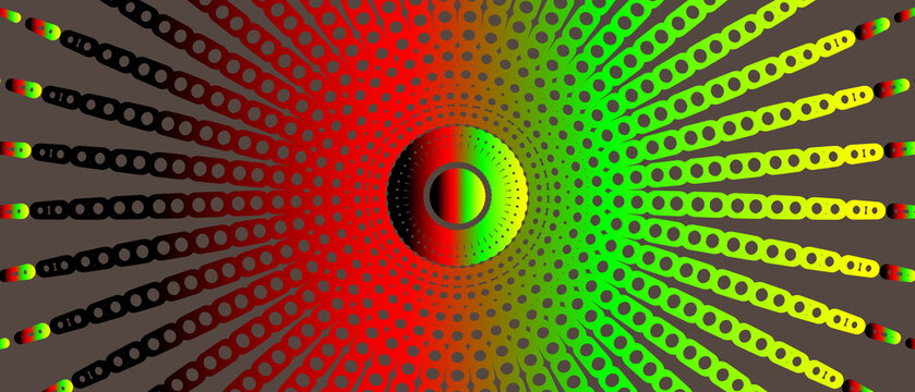 A futuristic digital wallpaper featuring an abstract blue and green binary code tunnel with a spiral motion design, glowing dots, and 3D energy light patterns