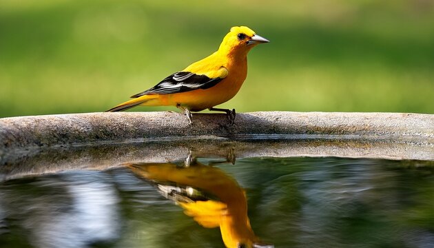 golden oriole perched on a birdbath reflecting in the still water surface