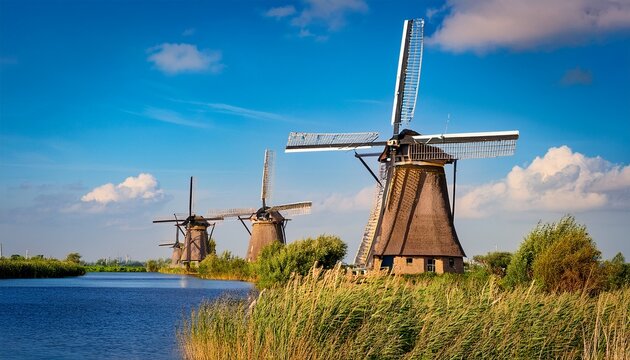 picturesque kinderdijk windmills against a vibrant blue sky on a sunny day