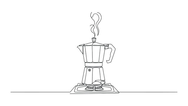 Continuous line drawing of a moka pot coffee maker on a stove.