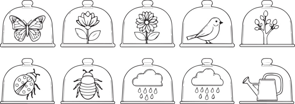 Collection of simple minimalist line icons of animals and nature themes Vector